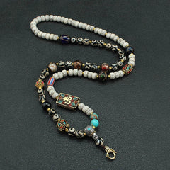 Tibetan Prayer Bead Necklace with Thangka Pendant – Bodhi, Agate & Glass Mala Cord for Spiritual Practice