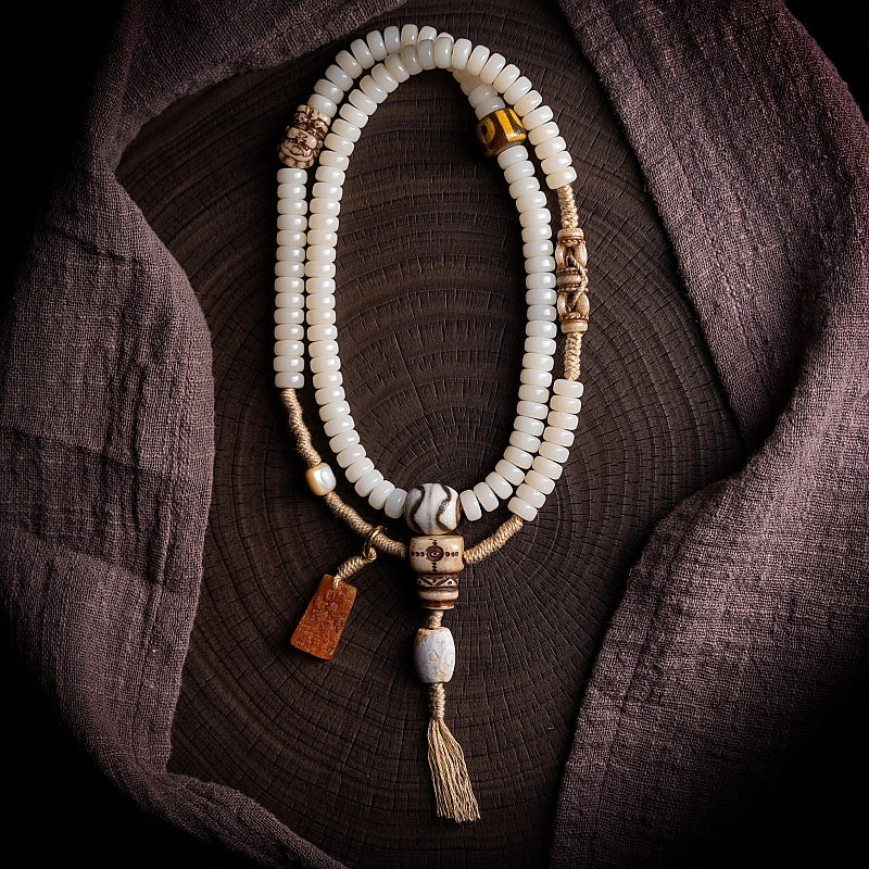 Tibetan Bodhi Root Mala Bracelet – 108 Beads with Yak Bone, Agate & Amber Accents | Handwoven Spiritual Jewelry