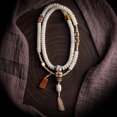 Tibetan Bodhi Root Mala Bracelet – 108 Beads with Yak Bone, Agate & Amber Accents | Handwoven Spiritual Jewelry