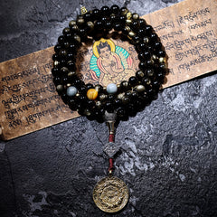 Tibetan Golden Obsidian Mala Bracelet – 108 Beads with Brass Nine-Palace Charm or Disciple Bead for Meditation & Energy Healing