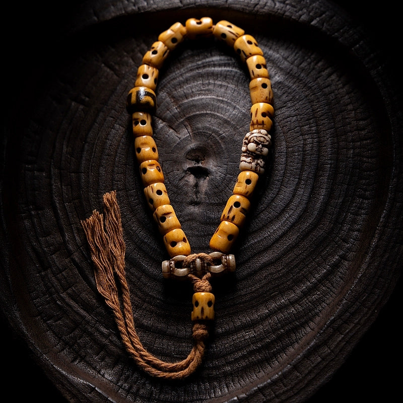 Tibetan Cremation Ground Guardian Bracelet – Yak Bone Mala with Vajra & Agate Beads