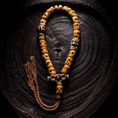 Tibetan Cremation Ground Guardian Bracelet – Yak Bone Mala with Vajra & Agate Beads
