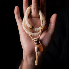 Tibetan Bodhi Root Mala Bracelet – 108 Beads with Yak Bone, Agate & Amber Accents | Handwoven Spiritual Jewelry