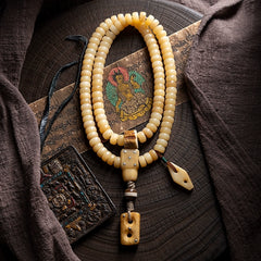 Tibetan Camel Bone Mala Bracelet – 108 Beads Multi-Wrap Prayer Strand with Yak Bone & Antler Accents