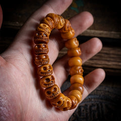 Tibetan Yak Bone Skull Bead Bracelet – Hand-Carved Charnel Ground Mala for Spiritual Reflection
