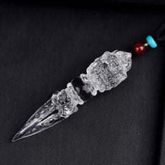 Tibetan Style Clear Quartz Vajra Dorje Pendant – Hand-Carved Phurba Amulet for Energy Healing & Esoteric Protection