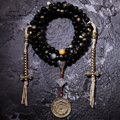 Tibetan Golden Obsidian Mala Bracelet – 108 Beads with Brass Nine-Palace Charm or Disciple Bead for Meditation & Energy Healing