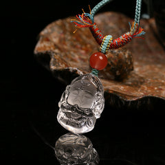 Clear Quartz Ganesha Pendant – Hand-Carved Hindu Elephant God Necklace with Handmade Cord & Red Agate Accent