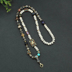 Tibetan Prayer Bead Necklace with Thangka Pendant – Bodhi, Agate & Glass Mala Cord for Spiritual Practice