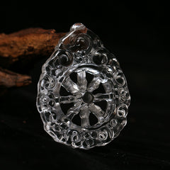 Hand-Carved Clear Quartz Dharma Wheel Pendant – Tibetan Eight Auspicious Symbol for Spiritual Protection & Meditation