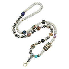 Tibetan Prayer Bead Necklace with Thangka Pendant – Bodhi, Agate & Glass Mala Cord for Spiritual Practice