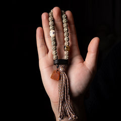 Tibetan Bodhi Seed Bracelet – Raw Xingyue Beads with Agate, Ebony & Amber Accents, Tassel Design