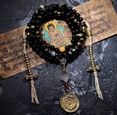 Tibetan Golden Obsidian Mala Bracelet – 108 Beads with Brass Nine-Palace Charm or Disciple Bead for Meditation & Energy Healing