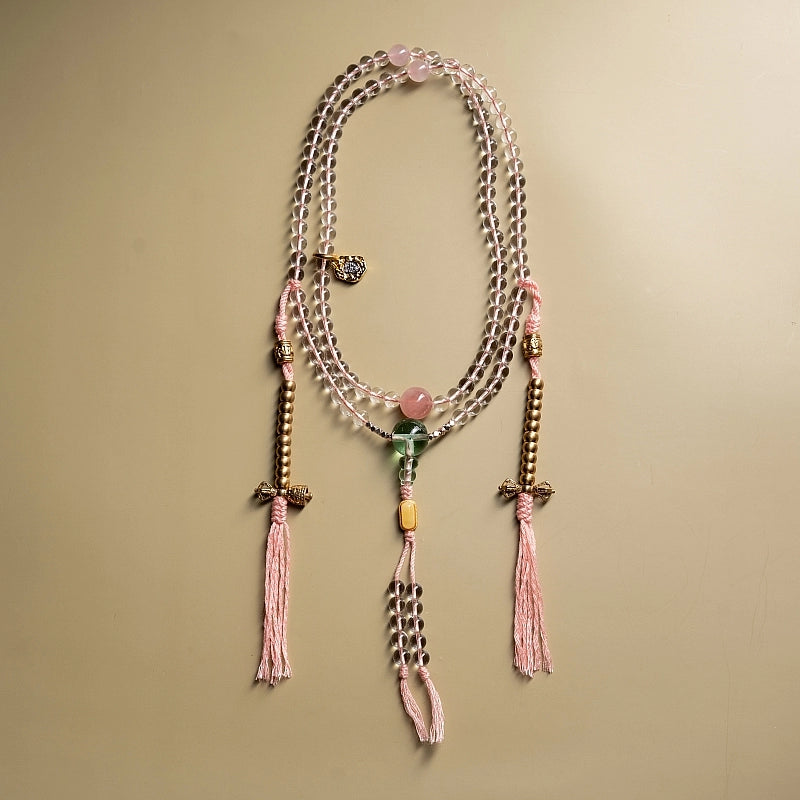 Tibetan Clear Quartz Mala Bracelet – 108 Beads with Brass Accents & Handwoven Tassel for Spiritual Healing & Esoteric Practice