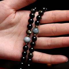 Tibetan Golden Obsidian Mala Bracelet – 108 Beads with Brass Nine-Palace Charm or Disciple Bead for Meditation & Energy Healing