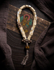 Tibetan Handwoven Antler Tip Bracelet – Yak Bone & Agate Mala with Vajra Beads for Spiritual Practice