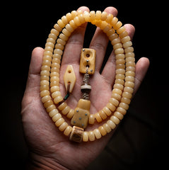 Tibetan Camel Bone Mala Bracelet – 108 Beads Multi-Wrap Prayer Strand with Yak Bone & Antler Accents