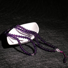 Tibetan Amethyst 108 Mala Beads Bracelet – Multi-Wrap Spiritual Jewelry with Clear Quartz Accents