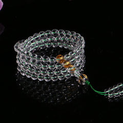 Himalayan Clear Quartz 108 Mala Beads Bracelet – 8mm Beads with Gold-Foiled Mantra Spacers & Stupa Guru Bead