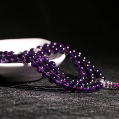 Tibetan Amethyst 108 Mala Beads Bracelet – Multi-Wrap Spiritual Jewelry with Clear Quartz Accents