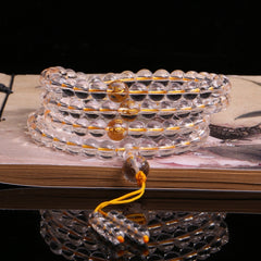 Himalayan Clear Quartz 108 Mala Beads Bracelet – 8mm Beads with Gold-Foiled Mantra Spacers & Stupa Guru Bead