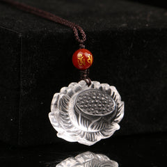 Himalayan Clear Quartz Lotus Pendant – Spiritual Necklace with Red Agate Mantra Bead for Women