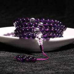 Tibetan Amethyst 108 Mala Beads Bracelet – Multi-Wrap Spiritual Jewelry with Clear Quartz Accents