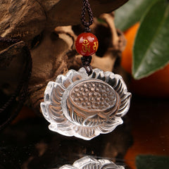 Himalayan Clear Quartz Lotus Pendant – Spiritual Necklace with Red Agate Mantra Bead for Women