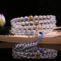 Himalayan Clear Quartz 108 Mala Beads Bracelet – 8mm Beads with Gold-Foiled Mantra Spacers & Stupa Guru Bead