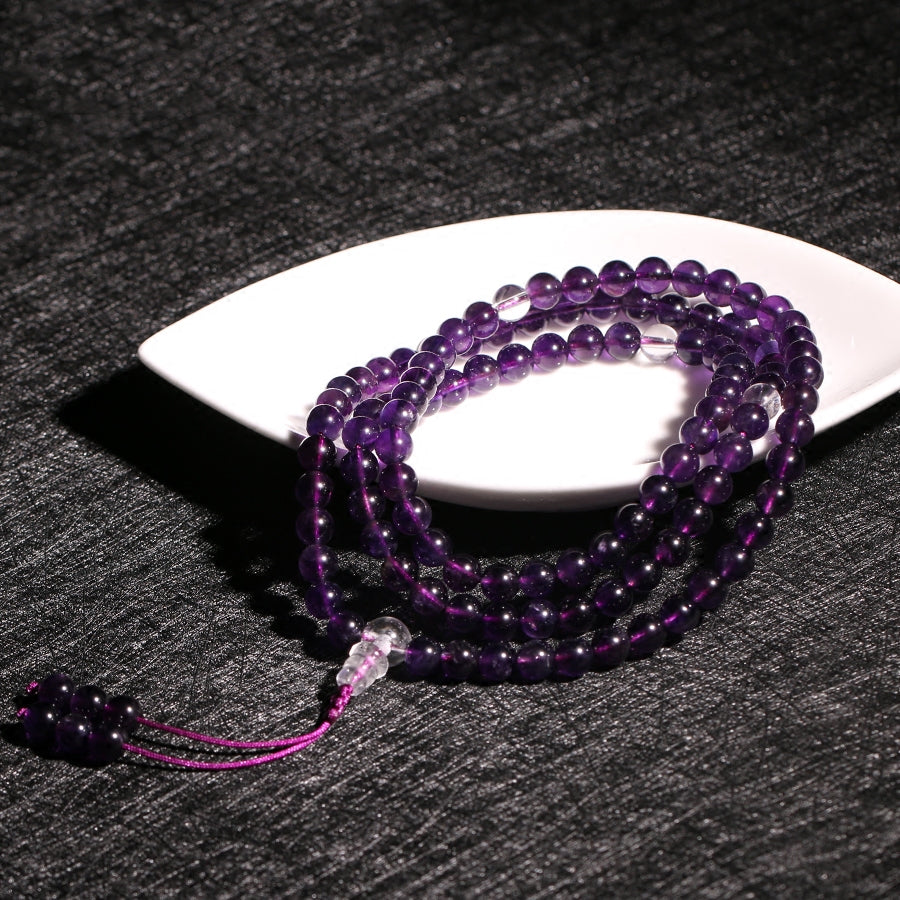 Tibetan Amethyst 108 Mala Beads Bracelet – Multi-Wrap Spiritual Jewelry with Clear Quartz Accents