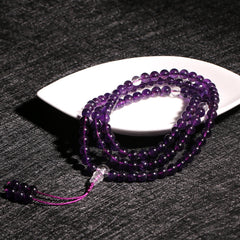 Tibetan Amethyst 108 Mala Beads Bracelet – Multi-Wrap Spiritual Jewelry with Clear Quartz Accents