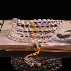 Himalayan Clear Quartz 108 Mala Beads Bracelet – 8mm Beads with Gold-Foiled Mantra Spacers & Stupa Guru Bead