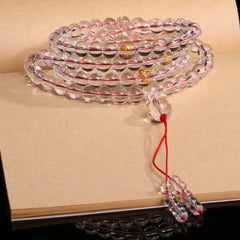 Himalayan Clear Quartz 108 Mala Beads Bracelet – 8mm Beads with Gold-Foiled Mantra Spacers & Stupa Guru Bead