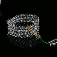 Himalayan Clear Quartz 108 Mala Beads Bracelet – 8mm Beads with Gold-Foiled Mantra Spacers & Stupa Guru Bead